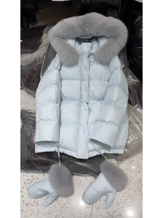 韩系蓝色温柔连帽棉服女2025新款初冬季设计感大毛领加厚中长款