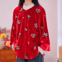 4784酒红色重工珠绣真丝丝绒上衣