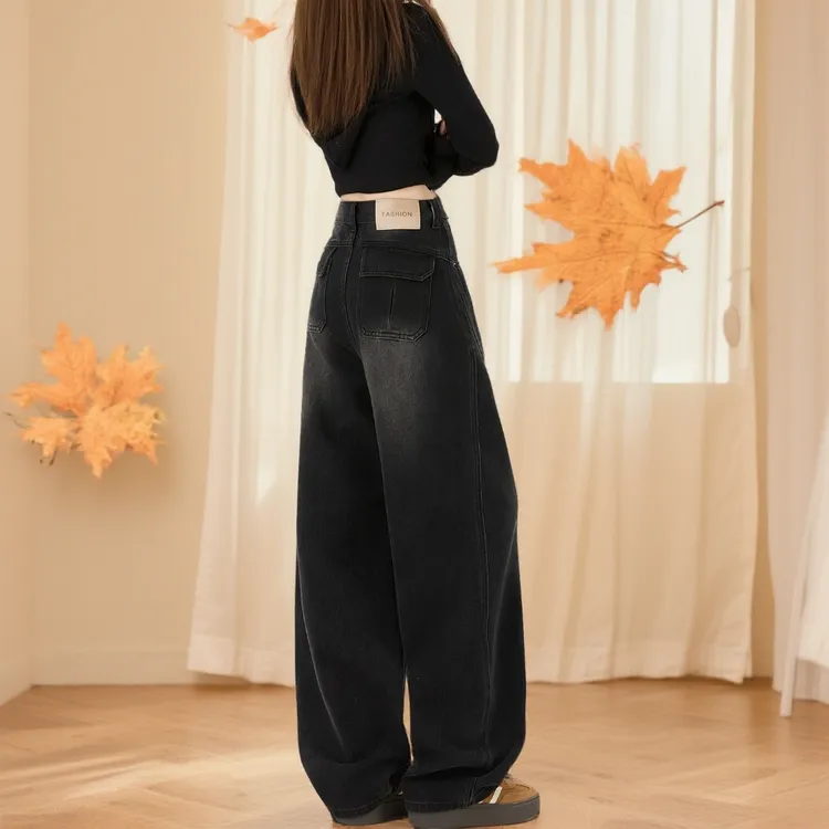 2331女款胖mm显瘦宽松加绒直筒阔腿牛仔裤加绒2025新款爆款小众炸