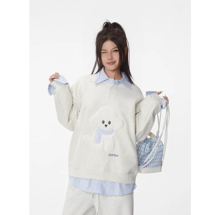 【帝韵】小狗刺绣格子假两件穿搭加绒加厚卫衣无帽外套女翻领上衣服