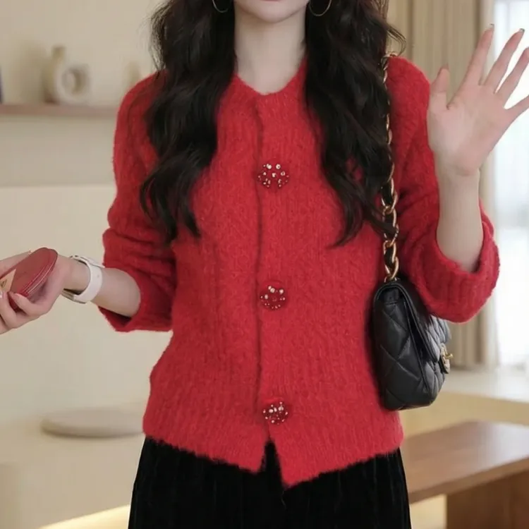 2026新款百搭显瘦时尚红色气质设计感针织衫上衣LK2509300