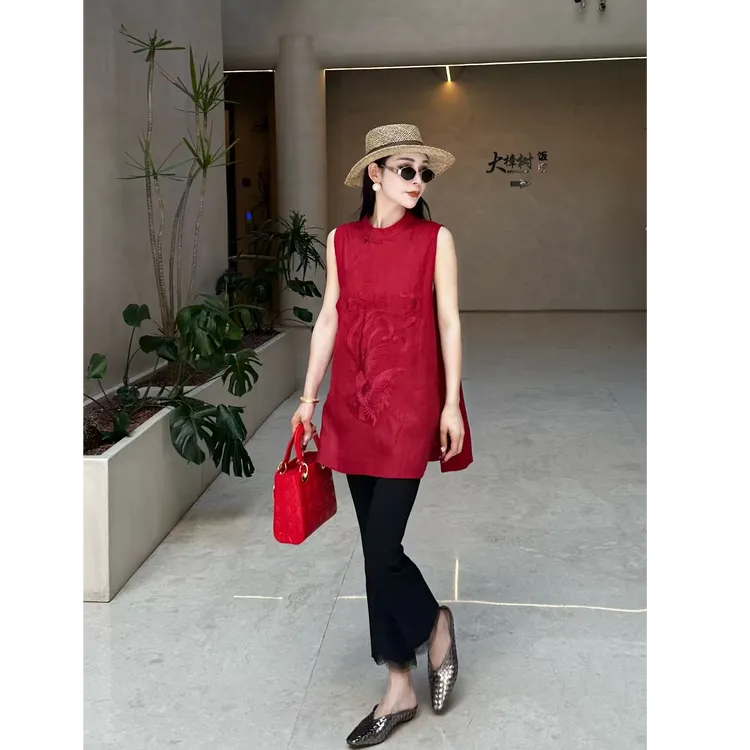 高端时尚百搭洋气显瘦新中式凤凰刺绣100亚麻无袖上衣YF0258801C