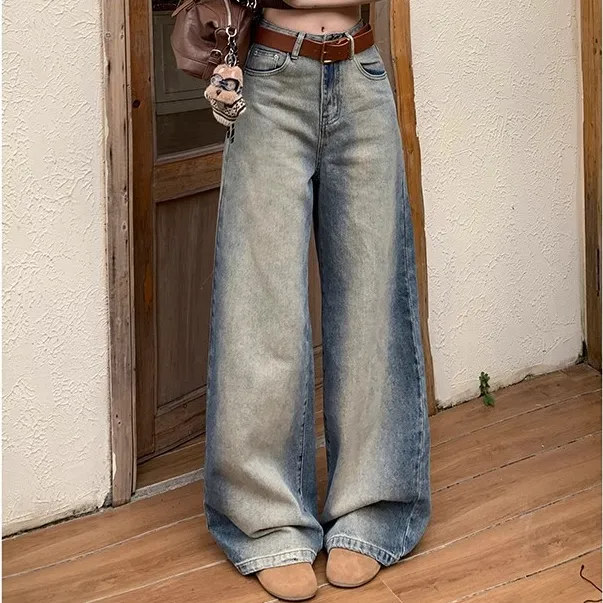 复古做旧晕染撞色阔腿牛仔裤女2025秋季高腰宽松垂感脏脏长裤设计
