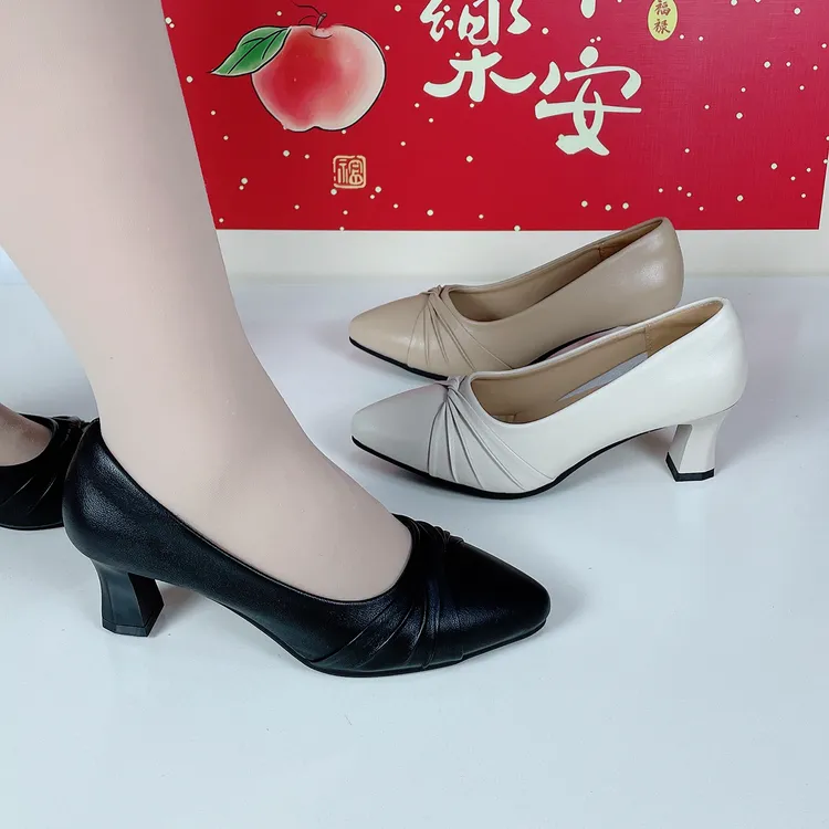5公分-2025新款浅口耐磨粗跟低跟尖头马蹄跟单鞋时尚夏季性感女士