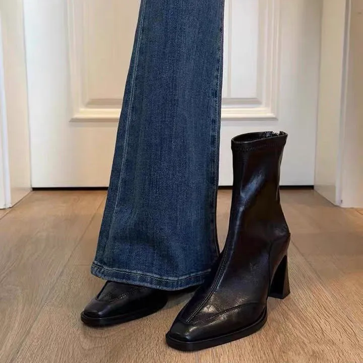 羊皮版~真皮高跟短靴弹力瘦瘦靴女后拉链洋气通勤百搭马丁靴靴女