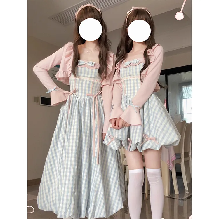 海盐草莓 温柔甜美风休闲长短款蓝格吊带裙2025春夏爆款小众女装