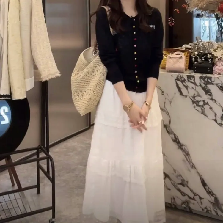 韩版气质白色蕾丝高腰中长款网纱裙2025夏季新款洋气淑女半身裙