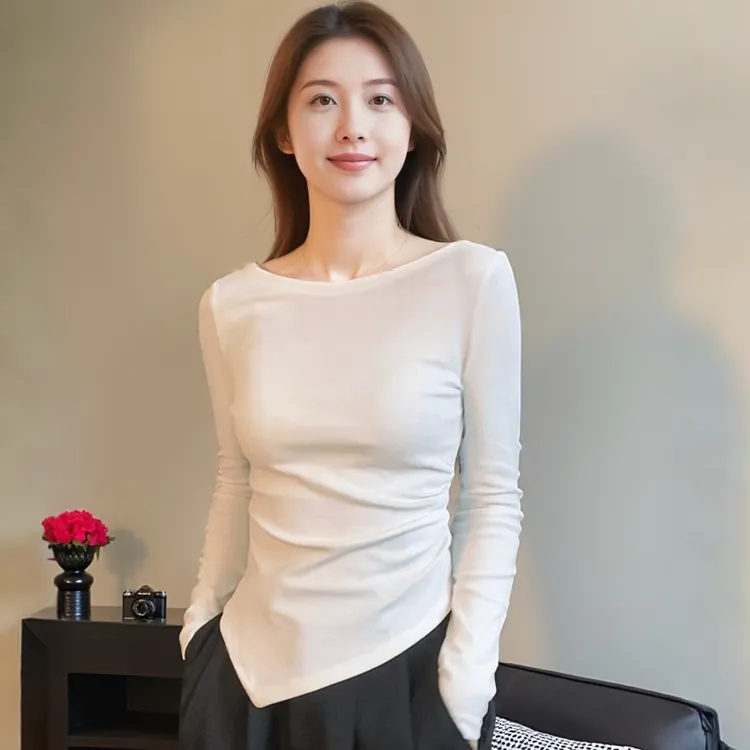 早秋一字肩洋气女打底衫露肩白色长袖内搭设计感修身T恤显瘦上衣