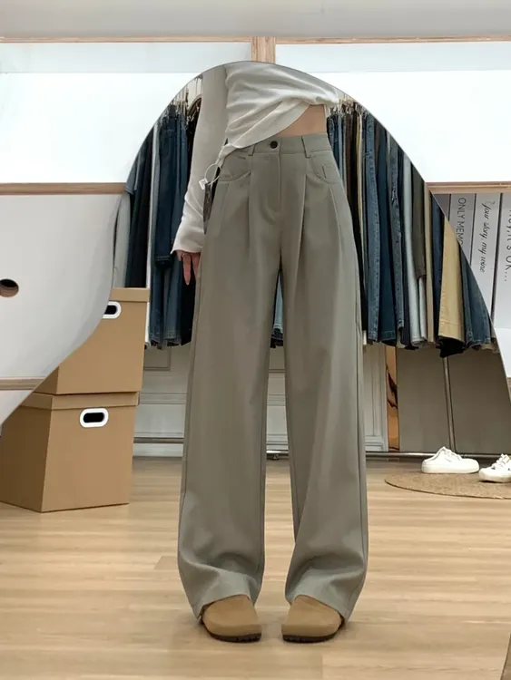 橄榄绿西装阔腿休闲裤女2025新款秋季大码胖mm高腰显瘦直筒拖地裤