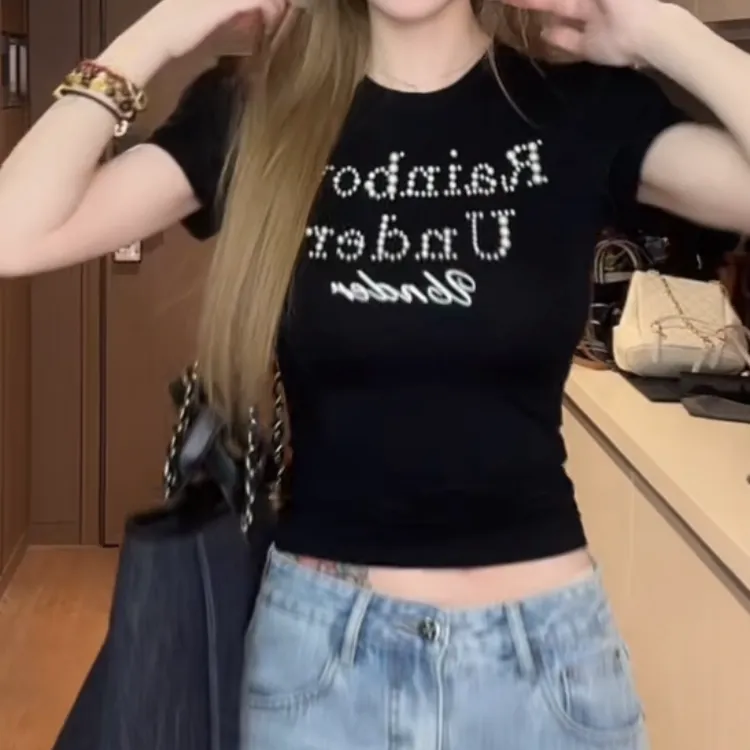 夏季百搭时尚烫钻珍珠字母上衣显瘦t恤2025夏季新款透气薄款上衣