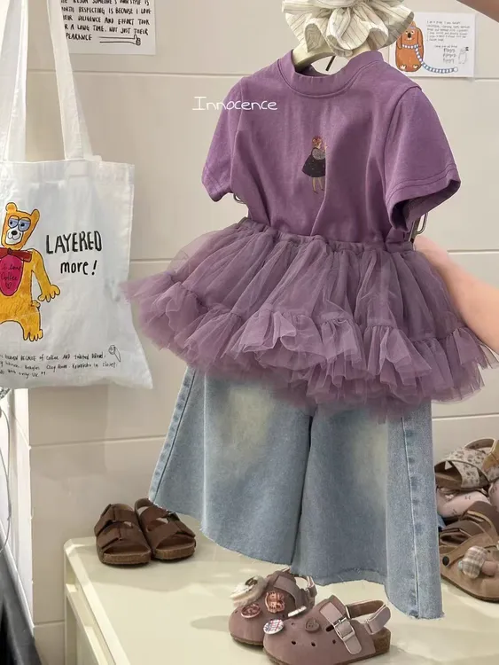 女童套装夏季新款洋气休闲紫色上衣T恤搭配屁帘牛仔裤两件套～