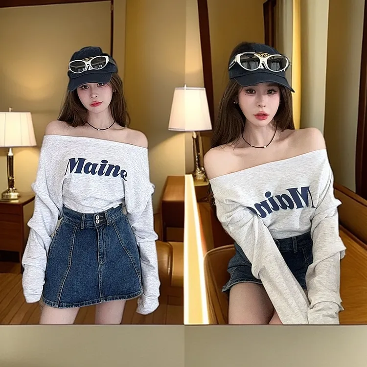 纯欲风时尚套装设计感字母拉肩卫衣+休闲牛仔裙一字肩卫衣短套装