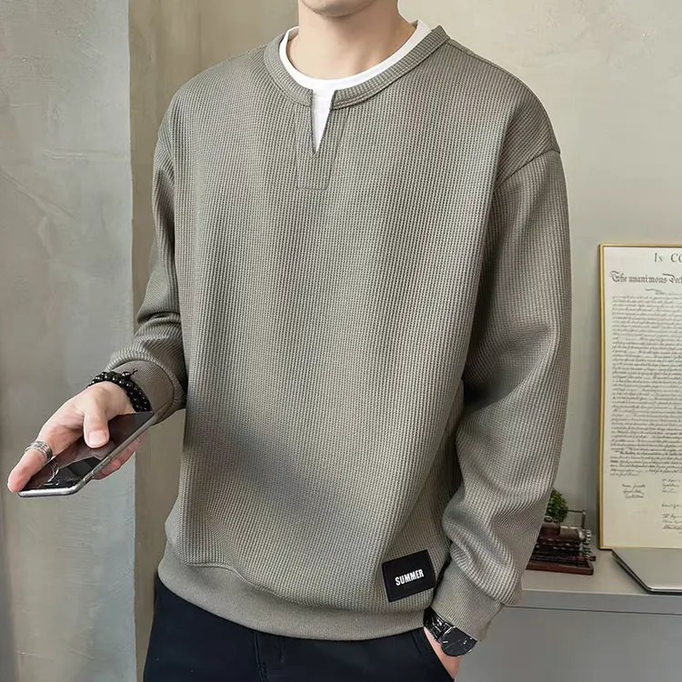 2025新款潮牌高端假两件加绒卫衣男士长袖t恤秋冬季潮流V领打底衫