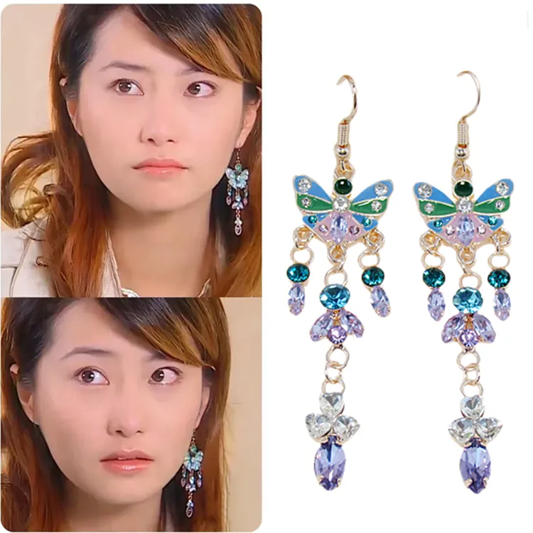 锌合金亚克力耳饰 甜美时尚芸熙同款彩色蝴蝶长款耳环气质款蓝色
