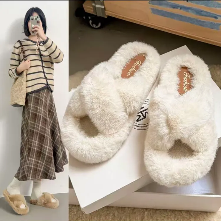 2025秋冬新款棉拖时尚896交叉百搭外穿休闲网红厚底保暖毛毛拖鞋