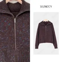 JIUNCCY【螺钿】绵羊毛兔毛混纺精纺珠片彩纱拉链毛衣外套 52YZZ144