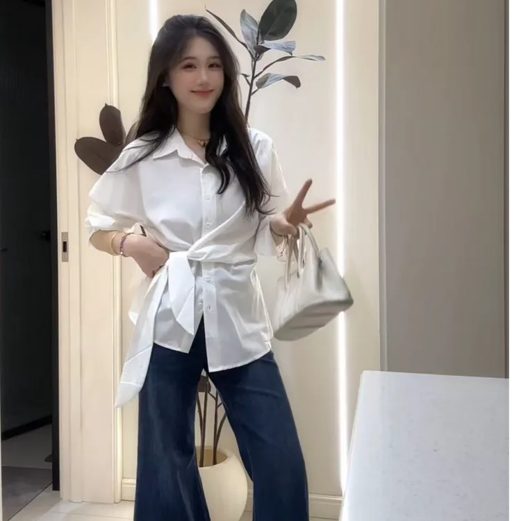 长袖修身型绑带常规款纯色气质衬衣设计感时尚法式小众法式不规则