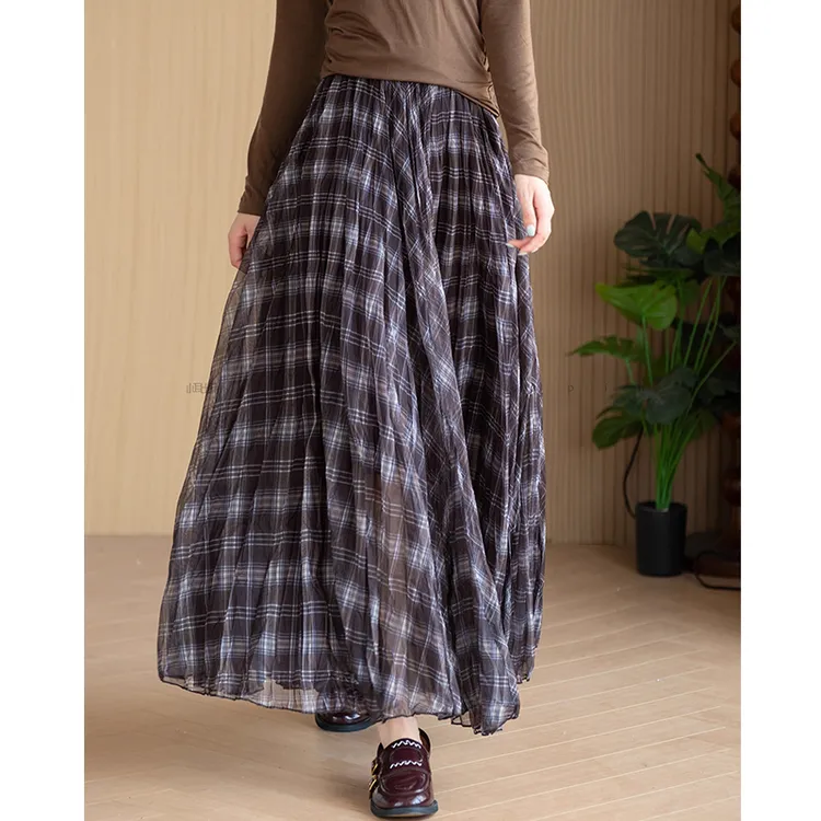 格纹a字半身裙女2025新款秋季复古高腰中长款不规则伞裙百褶裙女