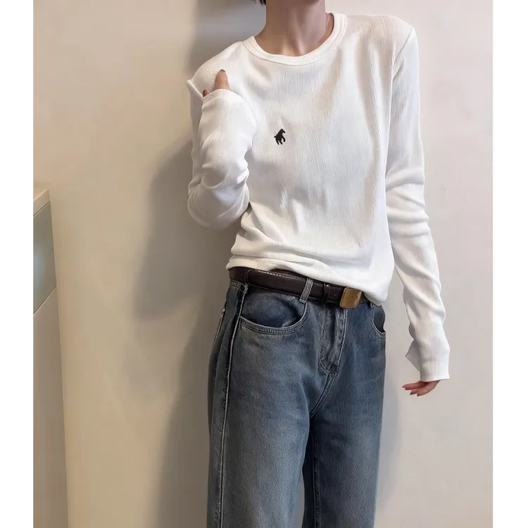 白色长袖T恤女春秋冬简约设计感显瘦刺绣小马螺纹棉上衣潮打底衫