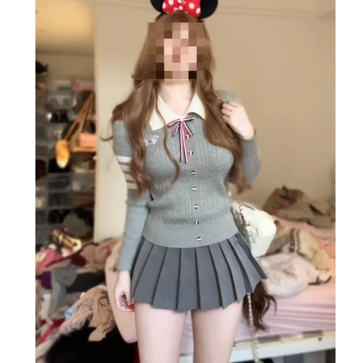 荔桃想睡觉ya【学院甜心】学院风针织套装女秋冬POLO领毛衣百褶短裙