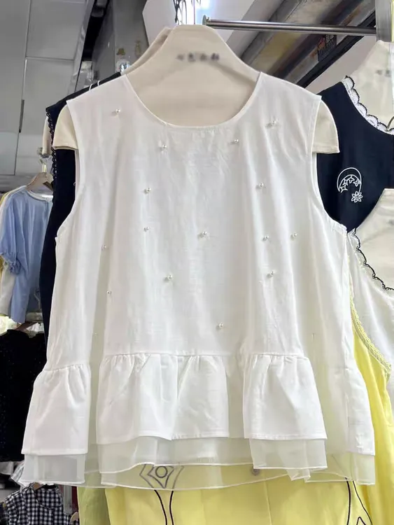 新品来袭时尚气质重工钉珠圆领无袖衬衫宽松百搭显瘦减龄夏季小衫