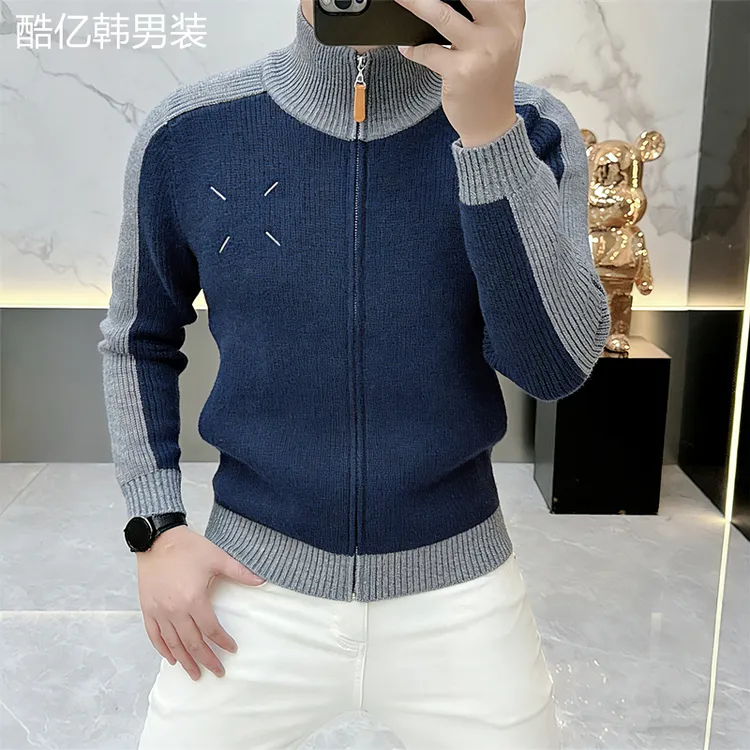 轻奢男装秋冬新款潮牌针织开衫外套男高领宽松时尚拼色毛衣潮S25