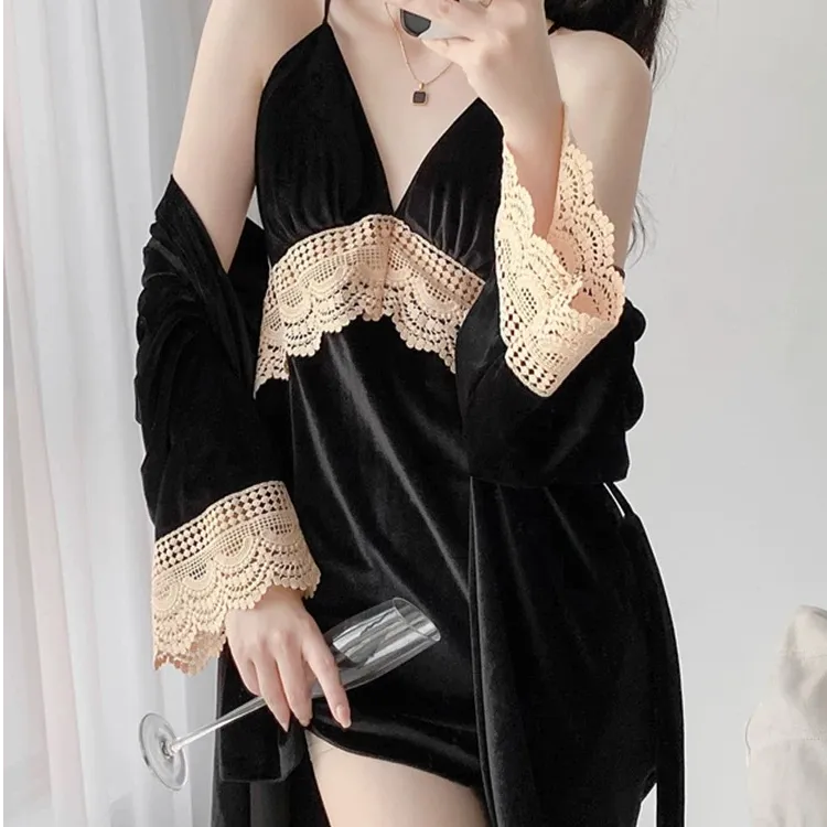 秋冬挂脖睡裙露背金丝绒吊带显瘦家居服性感蕾丝纯欲吊带睡裙