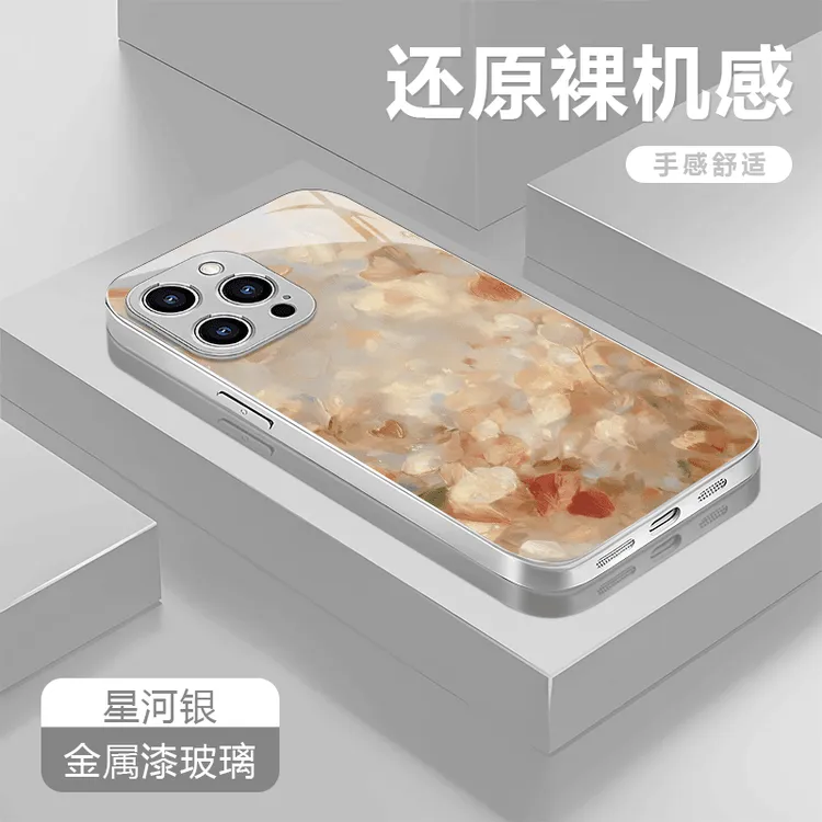 油画花适用苹果17华为OPPOIQOO15小米荣耀手机壳金属漆防摔玻璃壳