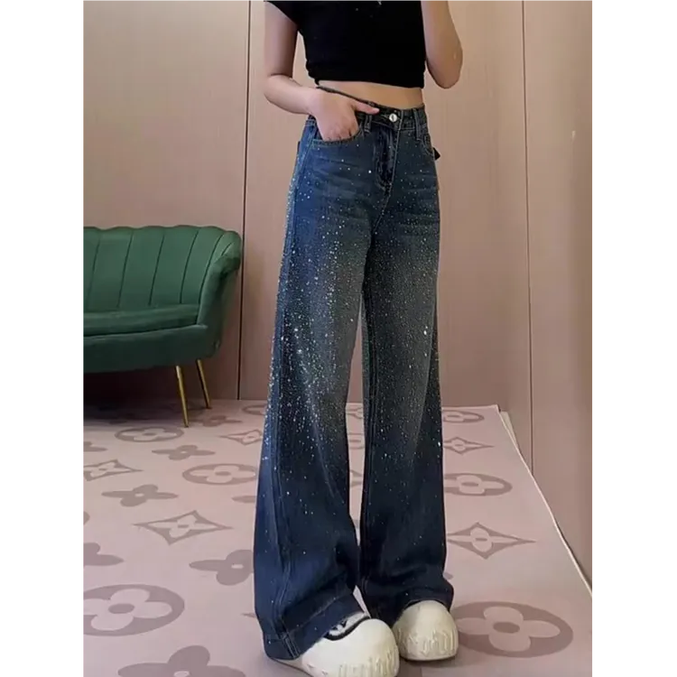 满天星烫钻直筒牛仔裤女秋季新款大码胖mm高腰宽松显瘦阔腿拖地裤