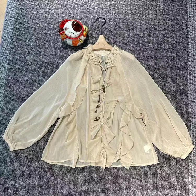 叠层装饰浪漫风木耳边系带长袖衬衫宽松显瘦上衣