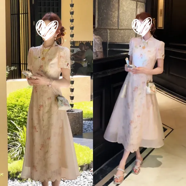 新中式国风旗袍连衣裙2025年流行碎花裙女夏款收腰盘扣斜襟裙子