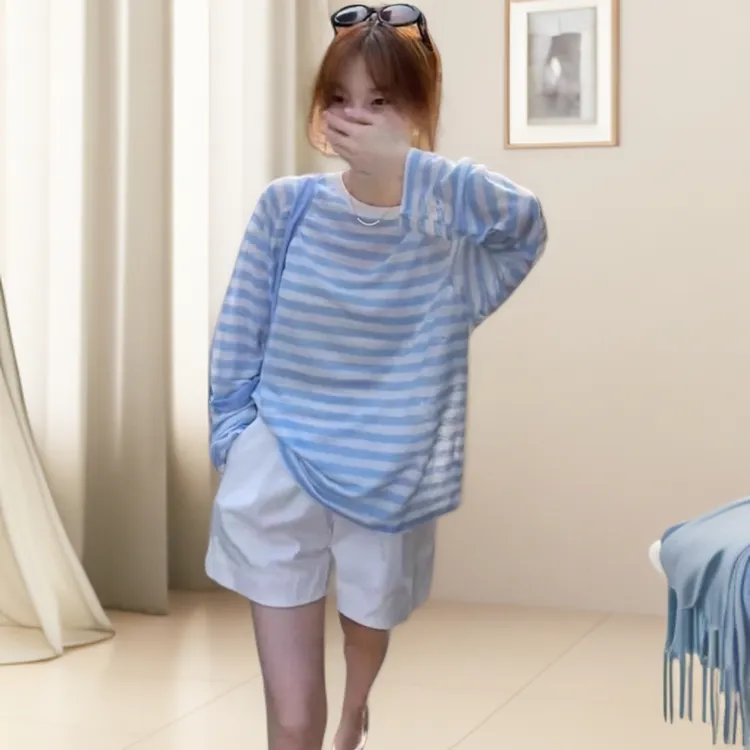蓝色条纹休闲薄纱长袖t 恤防晒罩衫女秋季薄款宽松外穿空调衫上衣