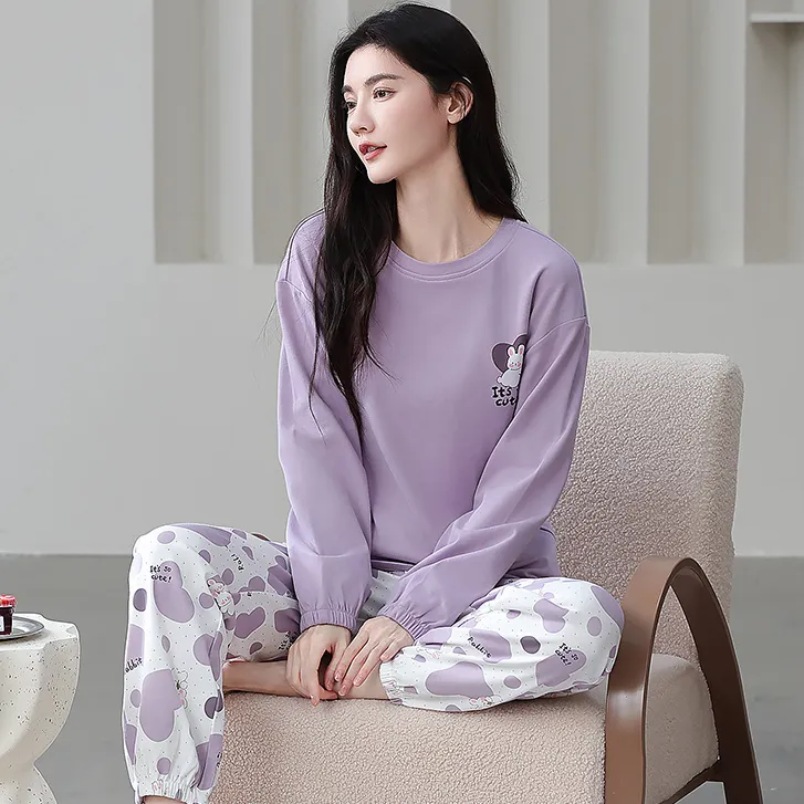 100%纯棉加厚秋冬保暖长袖睡衣女可外穿百搭简约甜美风舒适家居服
