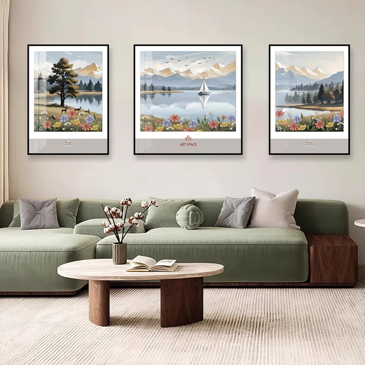 客厅背景墙卧室壁画高端精致提亮轻奢晶瓷三联画正方形三联挂画