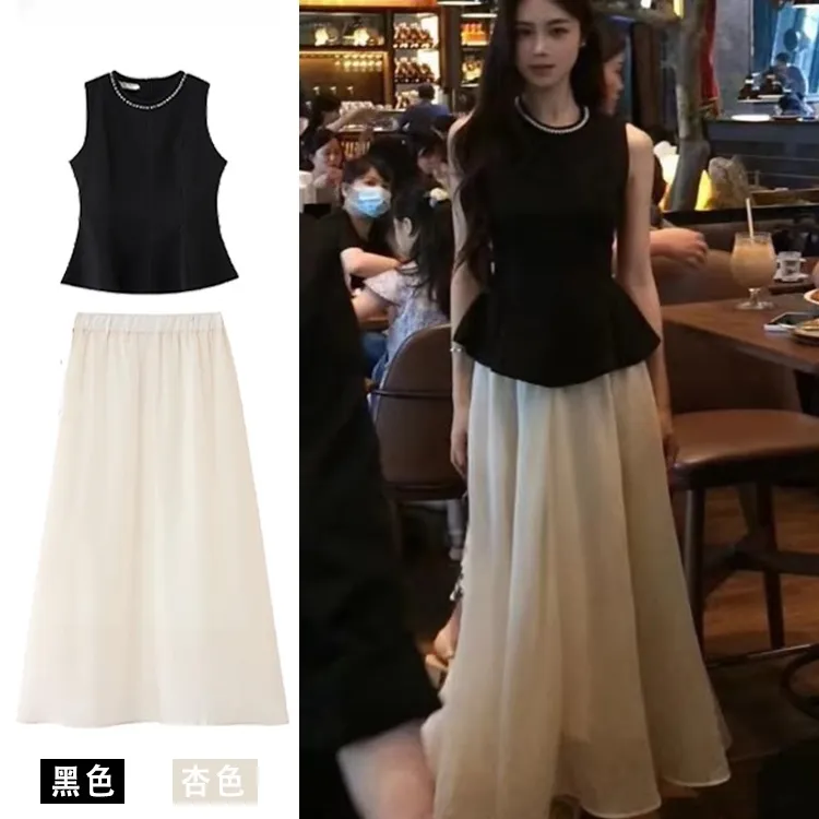 2025夏季新款女法式名媛重工钉珠无袖上衣气质高腰显瘦半身中长裙