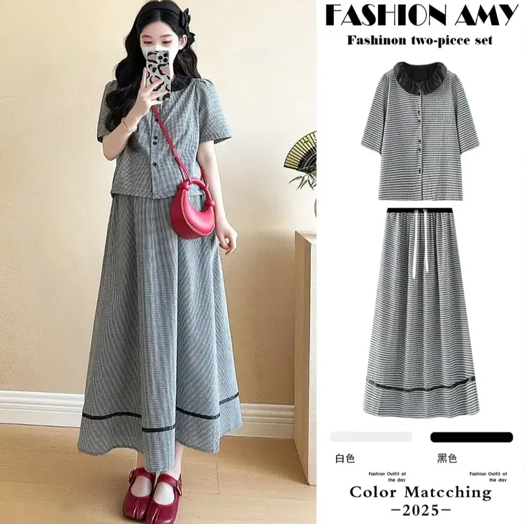 {学院风}孕妇套装夏季新款韩版洋气格子短袖衬衫休闲显瘦半身裙子