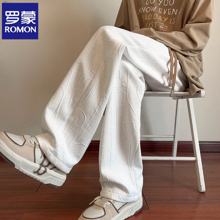 罗蒙美式高街字母提花休闲裤男秋冬新款宽松白色直筒百搭垂感卫裤