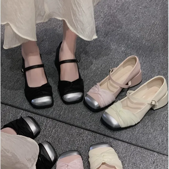 玛丽珍鞋女2025年春季新款蝴蝶结珍珠一字带高跟鞋仙女风粗跟单鞋