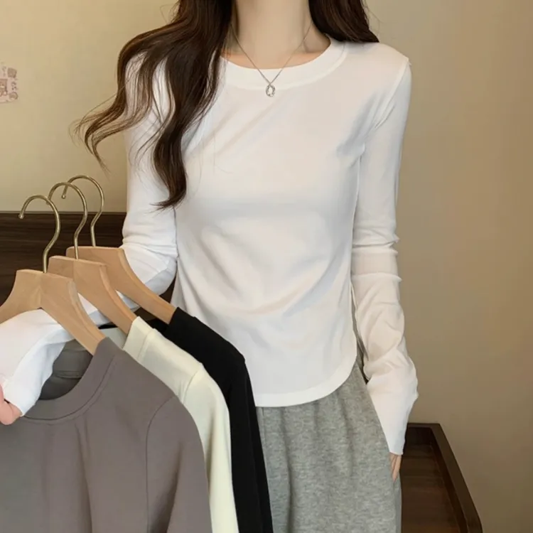 早秋正肩长袖打底衫内搭打底t恤女修身显瘦纯色百搭圆领上衣