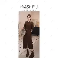 【韩剧女主】2025年秋季新款一字步灯芯绒开叉格子拼接连衣裙
