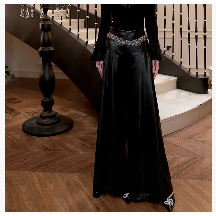 【FUNANI】 时尚原创气质显瘦修身高腰设计感阔腿裤皮裤 X2531568B