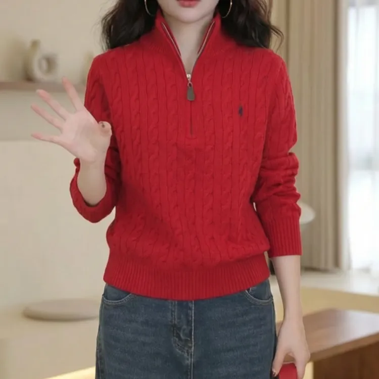 时尚百搭极简风半拉链麻花毛针织刺绣小马长袖毛衣上衣LK2509335