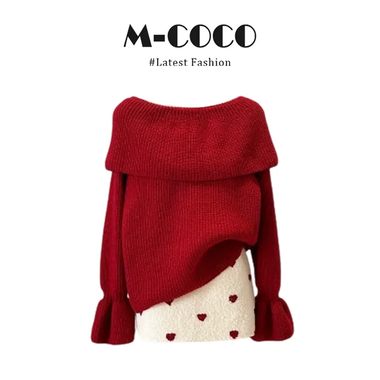 MARIE.COCO圣诞氛围感法式斜肩针织衫翻领毛衣搭配波点半身裙套装