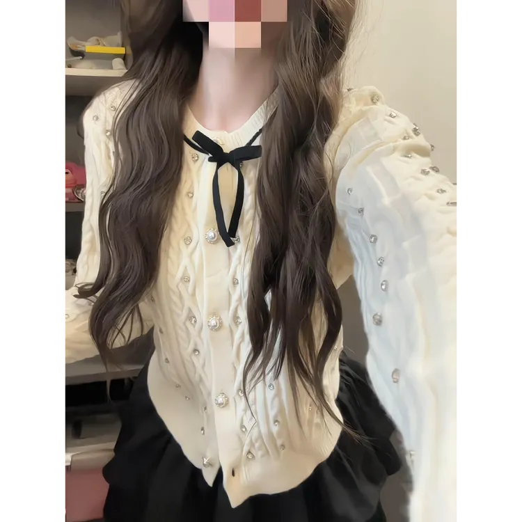 【钻影流光】早秋新款甜美风烫钻蝴蝶结针织开衫上衣配高腰半身裙女