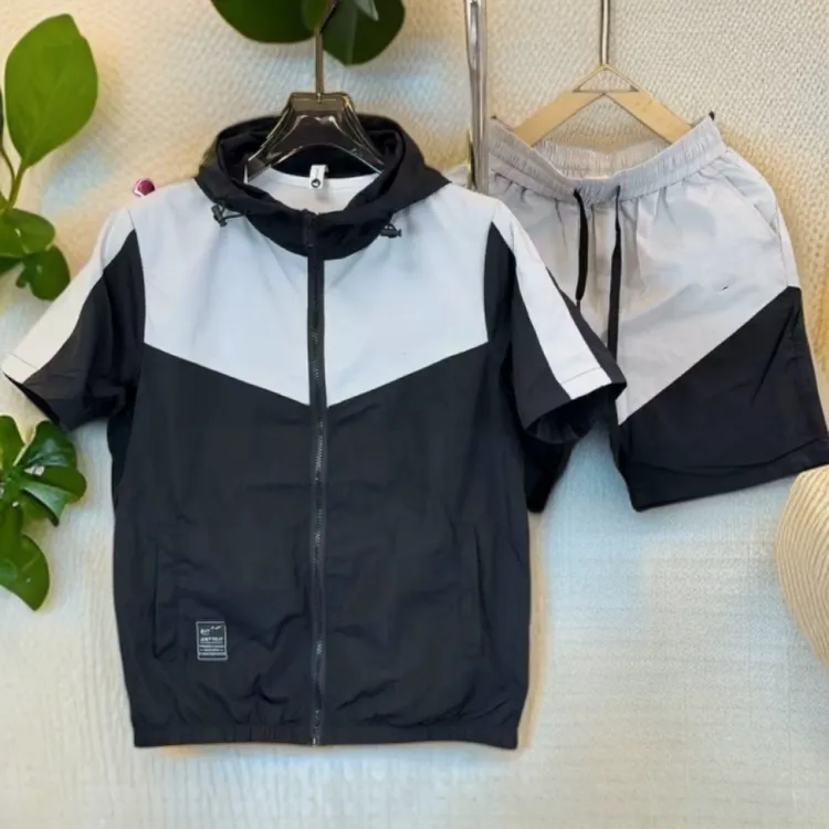 803夏季男短袖刺绣短裤休闲运动套装情侣速干时尚潮流透气连帽