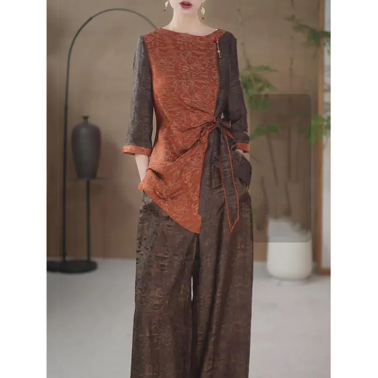 高端民族风时尚套装女2025夏新款轻奢气质收腰显瘦拼接上衣+长裤