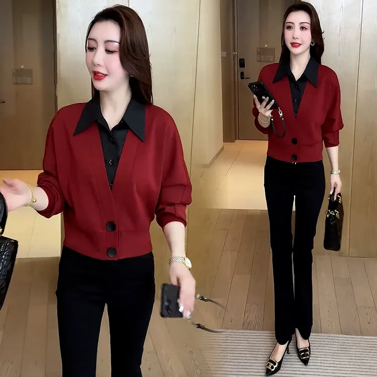 时尚假两件衬衫女2025春秋新款洋气显瘦拼接长袖翻领小衫气质上衣