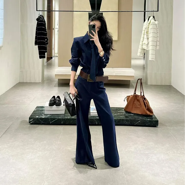 春季女韩剧御姐穿搭一整套冷淡系高级感上衣高腰显瘦长裤子两件套