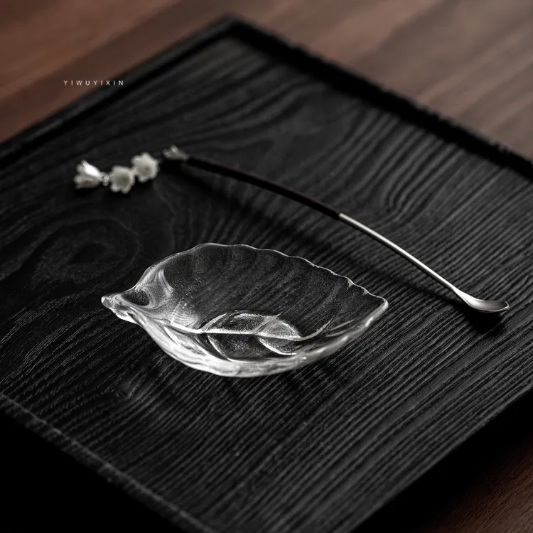 宜物宜心 一叶扁舟高档水晶玻璃树叶小茶则茶拨竹茶道配件赏茶荷
