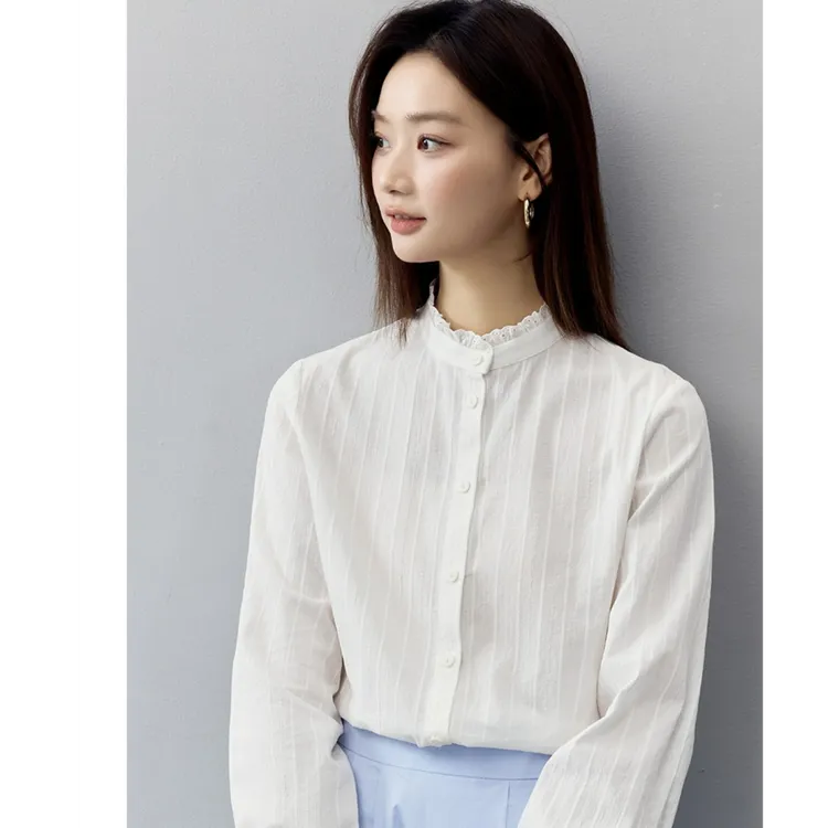 【商场同款】茵曼秋季法式花边立领衬衫2025爆款洋气提花新款衬衣女